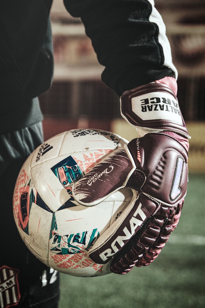 Focused shot of soccer goalie wearing gloves holding a ball on the field.